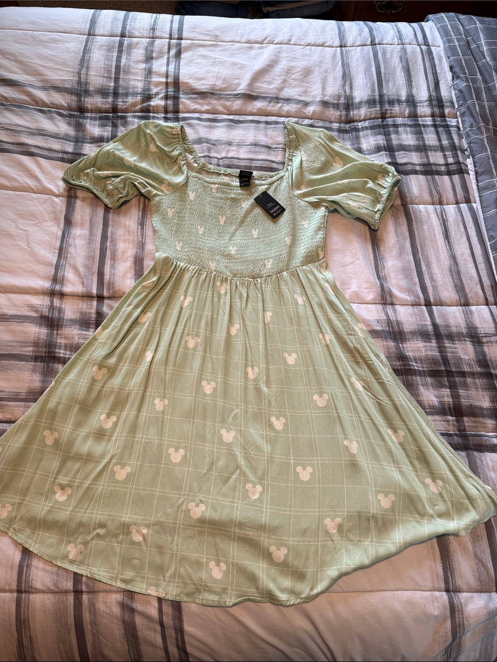 New - Her Universe Mint Green Puff Sleeve Smocked Midi Dress with Mouse Print
